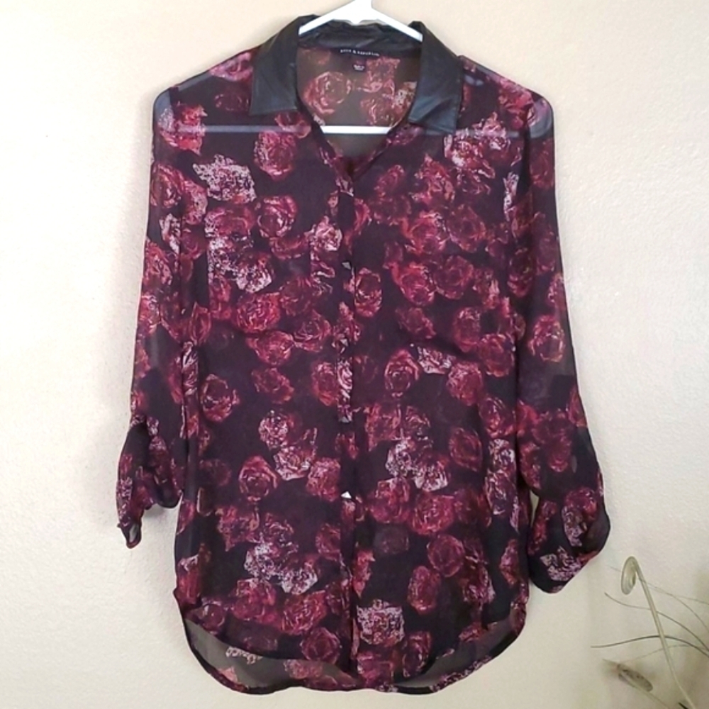 Rock & Republic gorgeous blouse leather accents XS